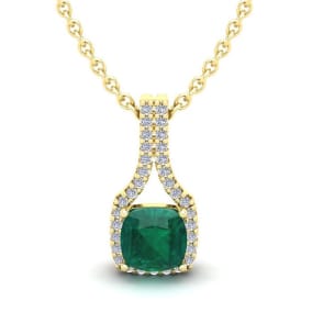 1-1/3 Carat Cushion Shape Emerald Necklaces With Diamond Halo In 14 Karat Yellow Gold, 18 Inch Chain