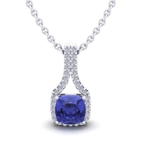 1 1/4 Carat Cushion Cut Tanzanite and Classic Halo Diamond Necklace In 14 Karat White Gold, 18 Inches