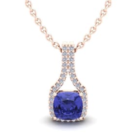 1 1/4 Carat Cushion Cut Tanzanite and Classic Halo Diamond Necklace In 14 Karat Rose Gold, 18 Inches