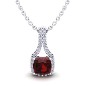 1 1/3 Carat Cushion Cut Garnet and Classic Halo Diamond Necklace In 14 Karat White Gold, 18 Inches