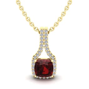 1 1/3 Carat Cushion Cut Garnet and Classic Halo Diamond Necklace In 14 Karat Yellow Gold, 18 Inches