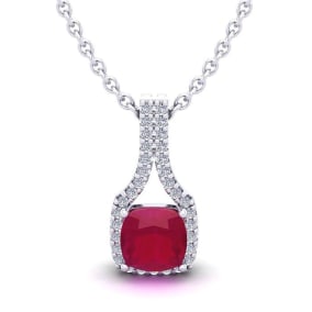 1 1/2 Carat Cushion Cut Ruby and Classic Halo Diamond Necklace In 14 Karat White Gold, 18 Inches