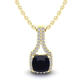 1 1/4 Carat Cushion Cut Sapphire and Classic Halo Diamond Necklace In 14 Karat Yellow Gold, 18 Inches