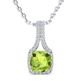 1 3/4 Carat Cushion Cut Peridot and Classic Halo Diamond Necklace In 14 Karat White Gold, 18 Inches