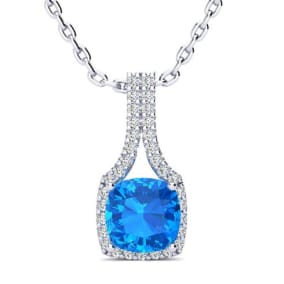 2 Carat Cushion Cut Blue Topaz and Classic Halo Diamond Necklace In 14 Karat White Gold, 18 Inches