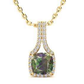 2 Carat Cushion Shape Mystic Topaz Necklace With Diamond Halo In 14 Karat Yellow Gold, 18 Inches