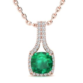 2 Carat Cushion Shape Emerald Necklaces With Diamond Halo In 14 Karat Rose Gold, 18 Inch Chain