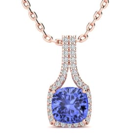 1 3/4 Carat Cushion Cut Tanzanite and Classic Halo Diamond Necklace In 14 Karat Rose Gold, 18 Inches
