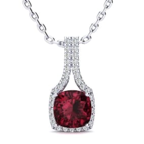 2 Carat Cushion Cut Garnet and Classic Halo Diamond Necklace In 14 Karat White Gold, 18 Inches