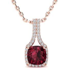 Garnet Necklace: Garnet Jewelry: 2 Carat Cushion Cut Garnet and Classic Halo Diamond Necklace In 14 Karat Rose Gold, 18 Inches