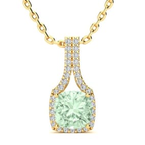1 2/3 Carat Cushion Cut Green Amethyst and Classic Halo Diamond Necklace In 14 Karat Yellow Gold, 18 Inches