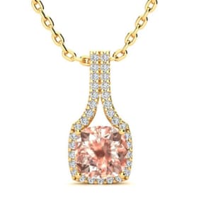 2 Carat Cushion Shape Morganite Necklace with Diamond Halo In 14 Karat Yellow Gold With 18 Inch Chain