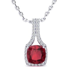 2 Carat Cushion Cut Ruby and Classic Halo Diamond Necklace In 14 Karat White Gold, 18 Inches