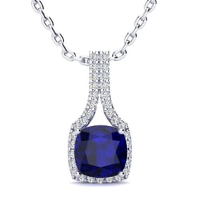 2 Carat Cushion Cut Sapphire and Classic Halo Diamond Necklace In 14 Karat White Gold, 18 Inches