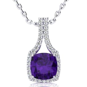 2 1/2 Carat Cushion Cut Amethyst and Classic Halo Diamond Necklace In 14 Karat White Gold, 18 Inches