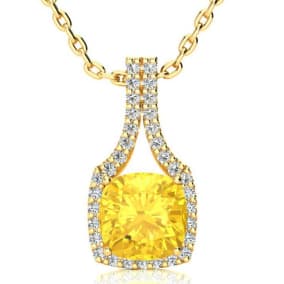 2 1/2 Carat Cushion Cut Citrine and Classic Halo Diamond Necklace In 14 Karat Yellow Gold, 18 Inches