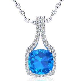 3 Carat Cushion Cut Blue Topaz and Classic Halo Diamond Necklace In 14 Karat White Gold, 18 Inches