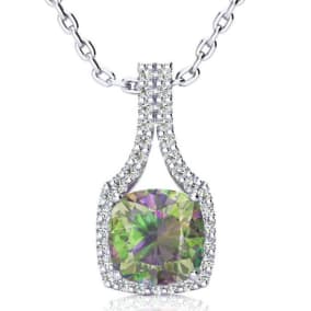 2-1/2 Carat Cushion Shape Mystic Topaz Necklace With Diamond Halo In 14 Karat White Gold, 18 Inches