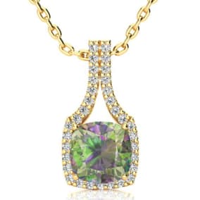 2-1/2 Carat Cushion Shape Mystic Topaz Necklace With Diamond Halo In 14 Karat Yellow Gold, 18 Inches