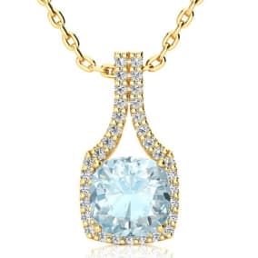 Aquamarine Necklace: Aquamarine Jewelry: 2 1/2 Carat Cushion Cut Aquamarine and Classic Halo Diamond Necklace In 14 Karat Yellow Gold, 18 Inches