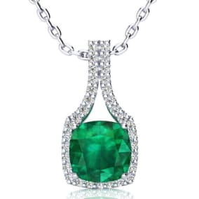 2-1/2 Carat Cushion Shape Emerald Necklaces With Diamond Halo In 14 Karat White Gold, 18 Inch Chain