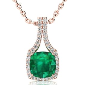 2-1/2 Carat Cushion Shape Emerald Necklaces With Diamond Halo In 14 Karat Rose Gold, 18 Inch Chain