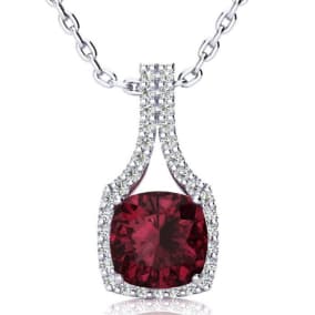 3 2/3 Carat Cushion Cut Garnet and Classic Halo Diamond Necklace In 14 Karat White Gold, 18 Inches