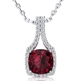 Garnet Necklace: Garnet Jewelry: 3 2/3 Carat Cushion Cut Garnet and Classic Halo Diamond Necklace In 14 Karat White Gold, 18 Inches