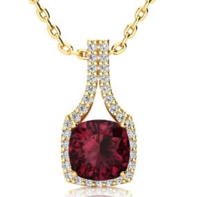 3 2/3 Carat Cushion Cut Garnet and Classic Halo Diamond Necklace In 14 Karat Yellow Gold, 18 Inches