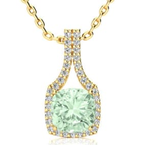 2 1/2 Carat Cushion Cut Green Amethyst and Classic Halo Diamond Necklace In 14 Karat Yellow Gold, 18 Inches