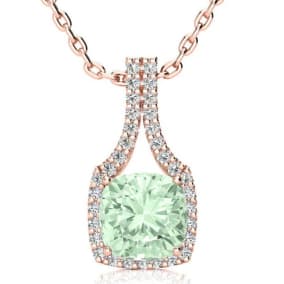 2 1/2 Carat Cushion Cut Green Amethyst and Classic Halo Diamond Necklace In 14 Karat Rose Gold, 18 Inches