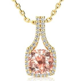 3-1/2 Carat Cushion Shape Morganite Necklace with Diamond Halo In 14 Karat Yellow Gold With 18 Inch Chain