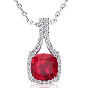 3 1/2 Carat Cushion Cut Ruby and Classic Halo Diamond Necklace In 14 Karat White Gold, 18 Inches