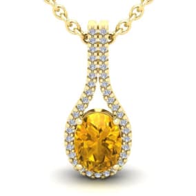 1 1/4 Carat Oval Shape Citrine and Halo Diamond Necklace In 14 Karat Yellow Gold, 18 Inches