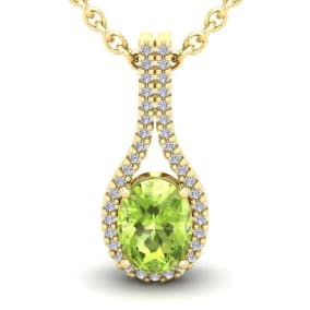 1 1/2 Carat Oval Shape Peridot and Halo Diamond Necklace In 14 Karat Yellow Gold, 18 Inches