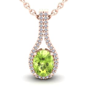 1 1/2 Carat Oval Shape Peridot and Halo Diamond Necklace In 14 Karat Rose Gold, 18 Inches