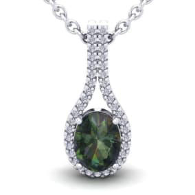 1-1/4 Carat Oval Shape Mystic Topaz Necklace With Diamond Halo 14 Karat White Gold, 18 Inches