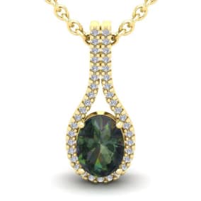 1-1/4 Carat Oval Shape Mystic Topaz Necklace With Diamond Halo 14 Karat Yellow Gold, 18 Inches