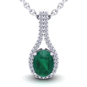 1-1/3 Carat Oval Shape Emerald Necklaces With Diamond Halo In 14 Karat White Gold, 18 Inch Chain