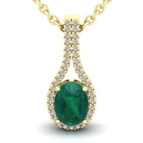 1-1/3 Carat Oval Shape Emerald Necklaces With Diamond Halo In 14 Karat Yellow Gold, 18 Inch Chain