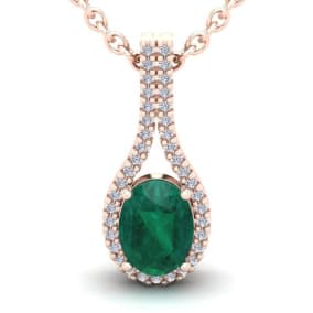 1-1/3 Carat Oval Shape Emerald Necklaces With Diamond Halo In 14 Karat Rose Gold, 18 Inch Chain