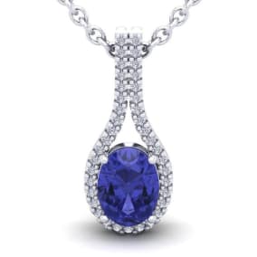 1 1/2 Carat Oval Shape Tanzanite and Halo Diamond Necklace In 14 Karat White Gold, 18 Inches