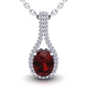 Garnet Necklace: Garnet Jewelry: 1 3/4 Carat Oval Shape Garnet and Halo Diamond Necklace In 14 Karat White Gold, 18 Inches