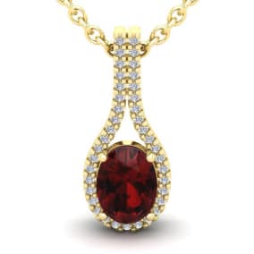 1 3/4 Carat Oval Shape Garnet and Halo Diamond Necklace In 14 Karat Yellow Gold, 18 Inches