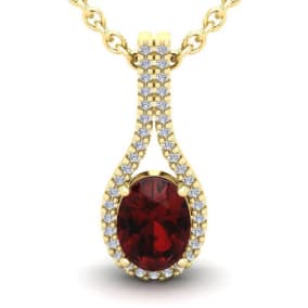 Garnet Necklace: Garnet Jewelry: 1 3/4 Carat Oval Shape Garnet and Halo Diamond Necklace In 14 Karat Yellow Gold, 18 Inches