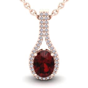 Garnet Necklace: Garnet Jewelry: 1 3/4 Carat Oval Shape Garnet and Halo Diamond Necklace In 14 Karat Rose Gold, 18 Inches