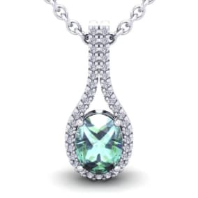 1 1/4 Carat Oval Shape Green Amethyst and Halo Diamond Necklace In 14 Karat White Gold, 18 Inches