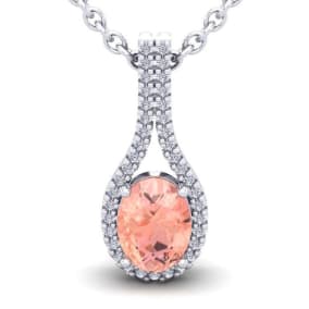 1-1/3 Carat Oval Shape Morganite Necklace with Diamond Halo In 14 Karat White Gold With 18 Inch Chain