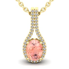1-1/3 Carat Oval Shape Morganite Necklace with Diamond Halo In 14 Karat Yellow Gold With 18 Inch Chain