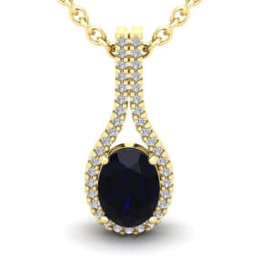 1 3/4 Carat Oval Shape Sapphire and Halo Diamond Necklace In 14 Karat Yellow Gold, 18 Inches